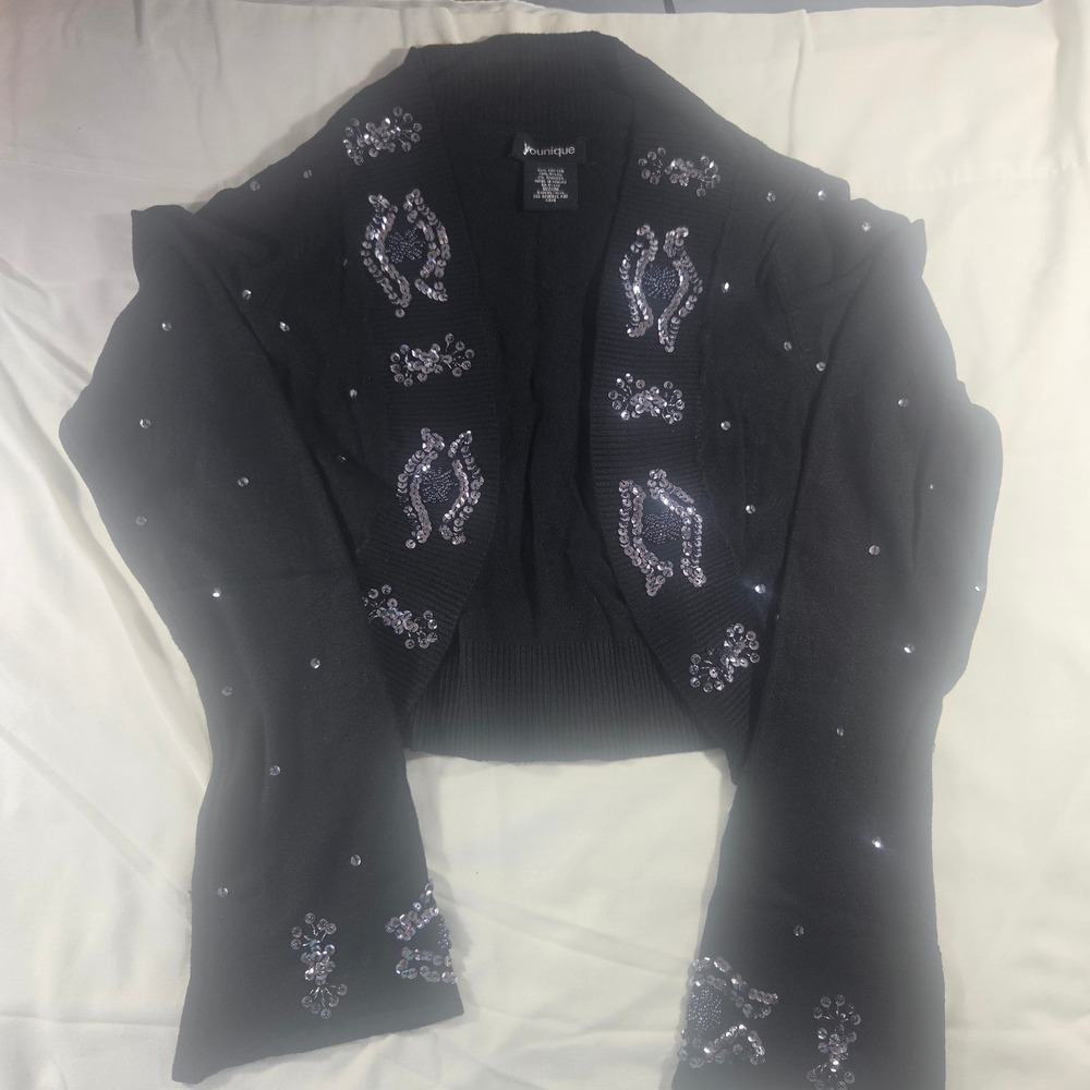 Younique Black Sequin Beaded Shrug Cardigan Cropped Open Front Knit Sweater M